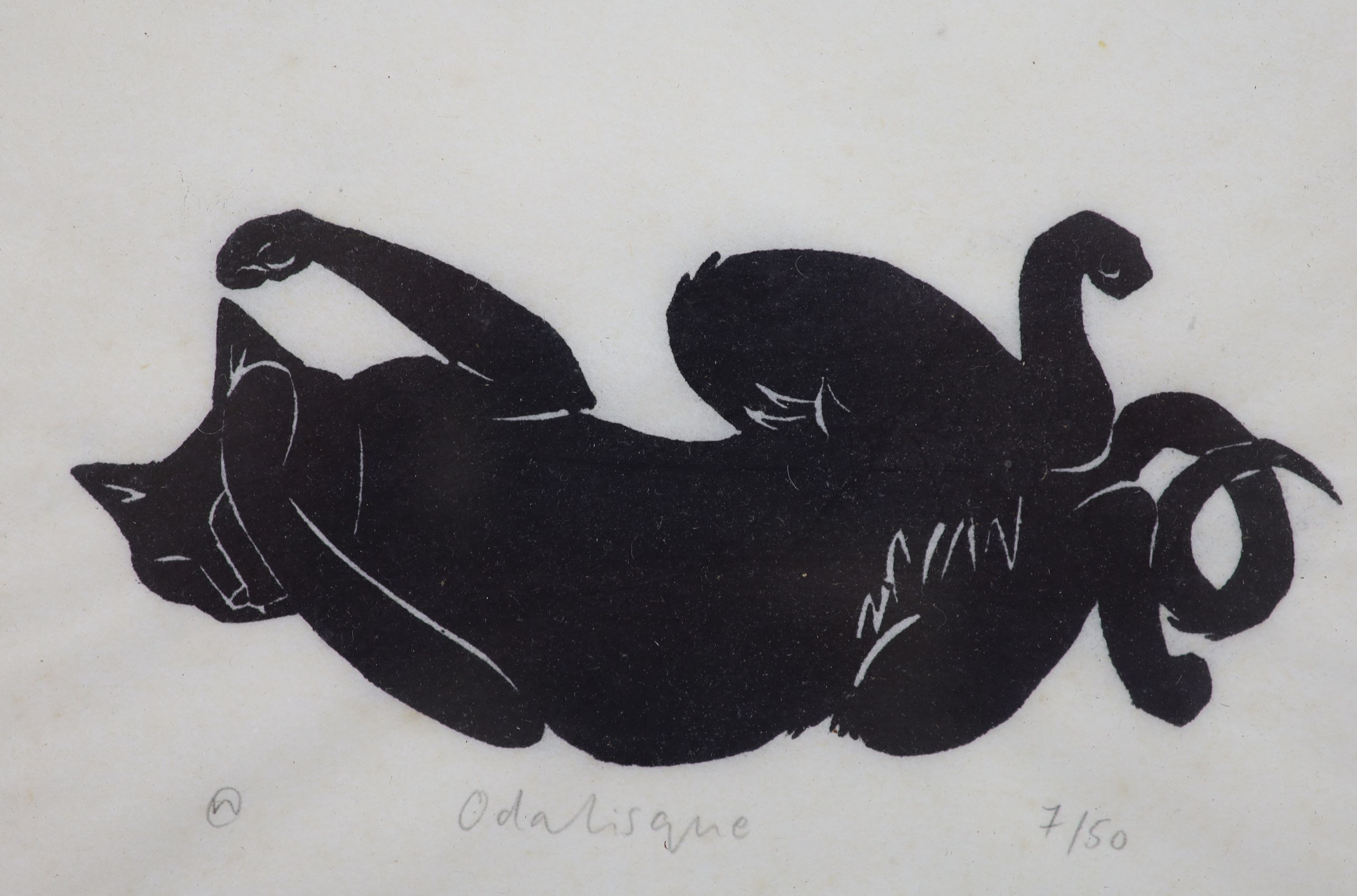 Modern British, woodcut, Odalisque, monogrammed and numbered 7/50, 11 x 17cm